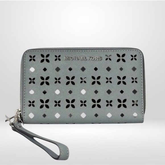Michael Kors Zip Around Wallet Wristlet Laser Cut Dusty Blue - Picture 9 of 10